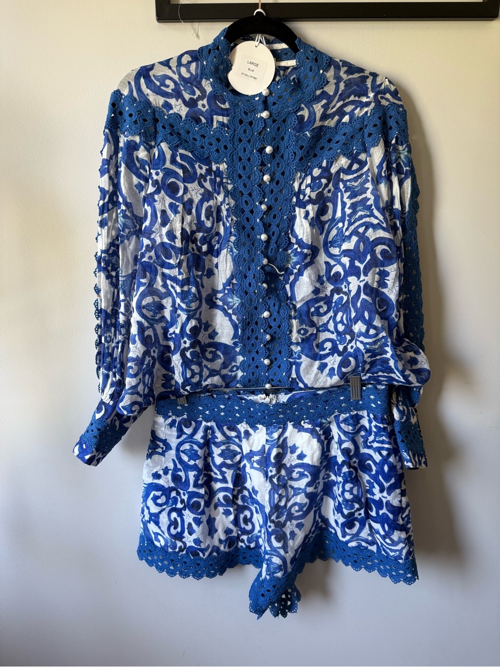 Blue and White Crochet-Trim Women's Dress Set